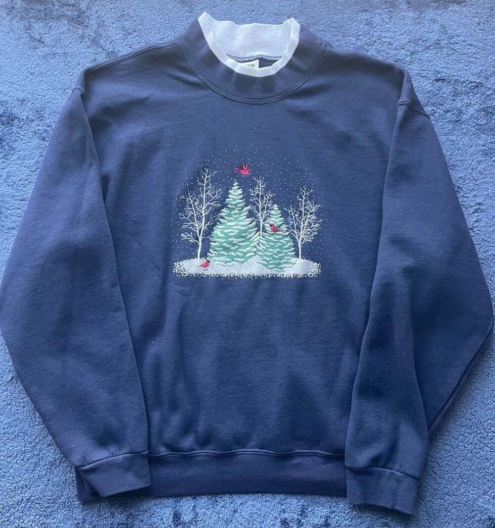 Vintage Sawyer Creek Studio Winter Snow Christmas Trees Navy Blue Sweatshirt XXL